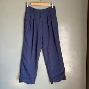 TULAROSA Women's Medium Blue Linen Pants Pleated Relaxed Fringe Cuff Beach Boho